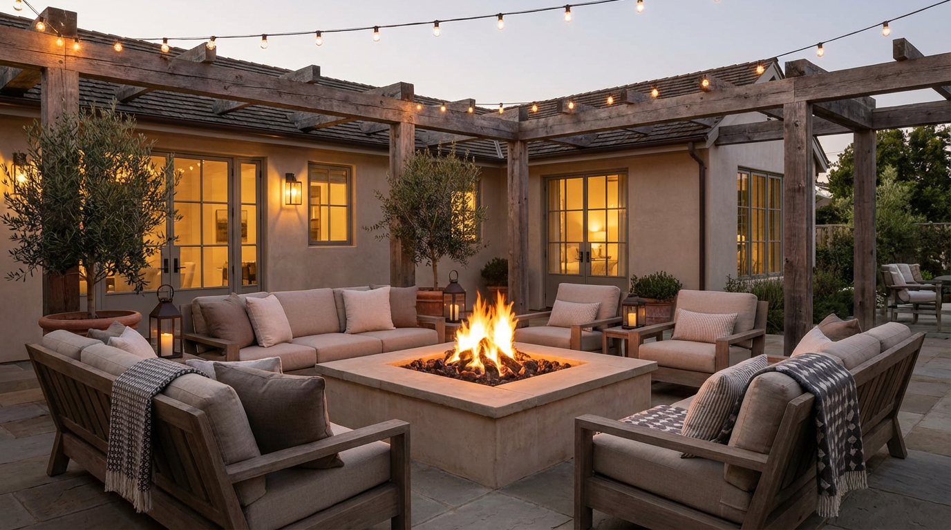 Relaxing evening patio scene with fire pit