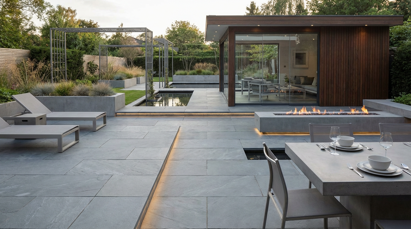 Modern grey slate patio installation in Teesside