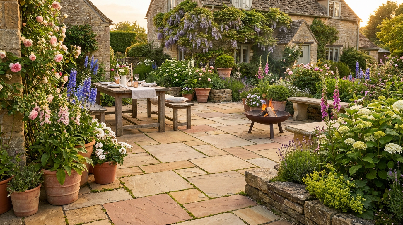 Traditional Indian sandstone patio with landscaping